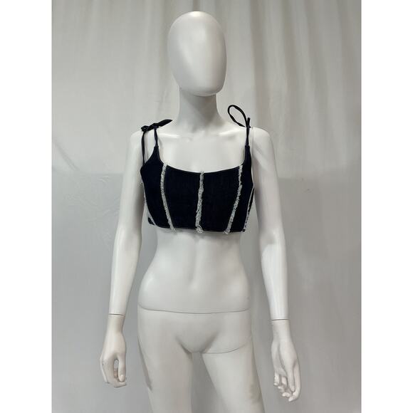 Ceren Ocak Blue Crop Corset Denim Frayed Trim Top Size M - Picture 2 of 5